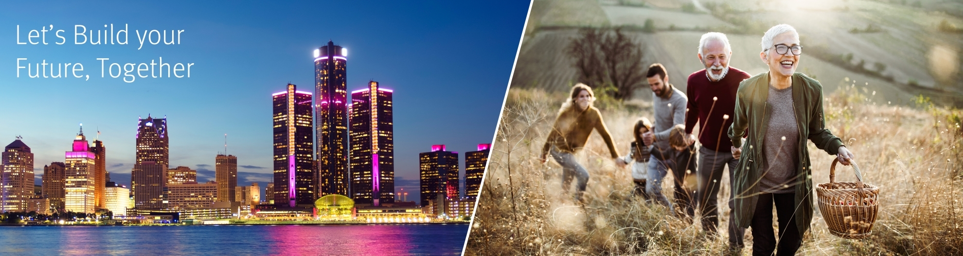 Multigenerational family walking up hill and image of Detroit skyline at night